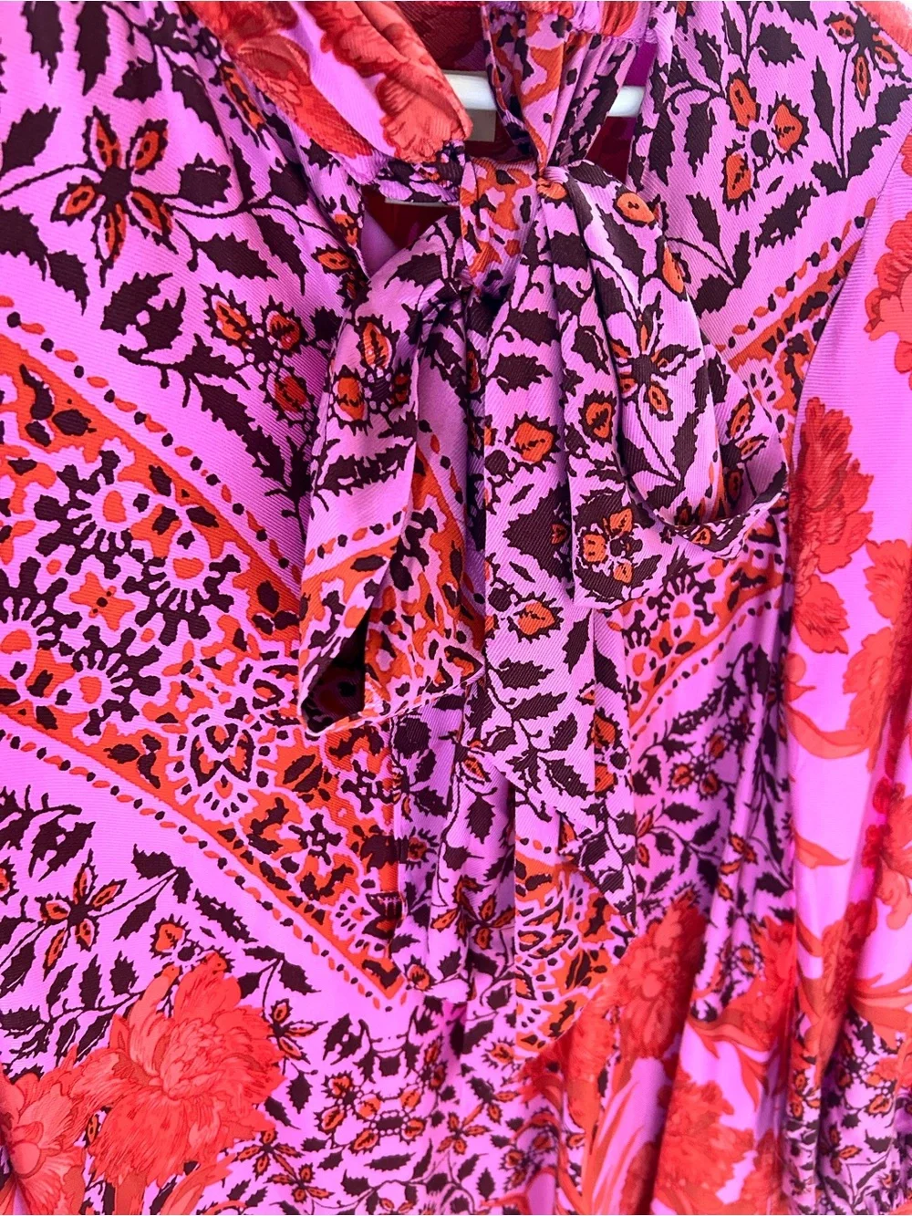Anthropologie Maeve Fall  Pink & Red Floral Tie-Neck Long Sleeve Dress